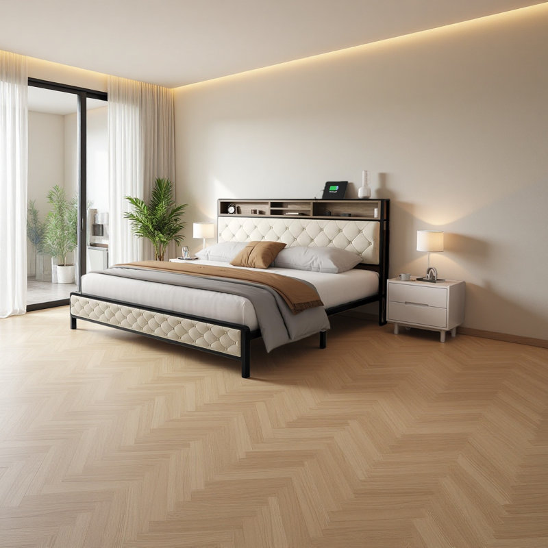Base de lit, base de lit plateforme avec station de charge, tête de lit et pied de lit rembourrés avec lattes de support en métal, aucun sommier nécessaire