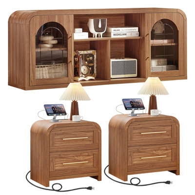 Meuble télé courbé de 58 po et ensemble de table de chevet de 22 po de hauteur, meuble audio-vidéo moderne avec rangement en verre, table de bout latérale avec chargeur et tiroirs, ensemble de mobilier de bureau épais 3 pour la chambre à coucher du salon