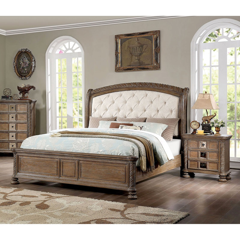 Table de chevet rustique 3 avec finition aux tons naturels, bois massif et bronze rond pour chambre à coucher avec 3 tiroirs
