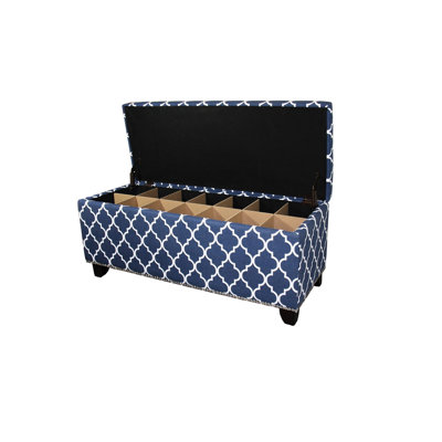 Banc de rangement de 18 pouces de hauteur avec rayures marocaines bleues, 39 places longues, 42 po et 17 po de large, du siège au sol