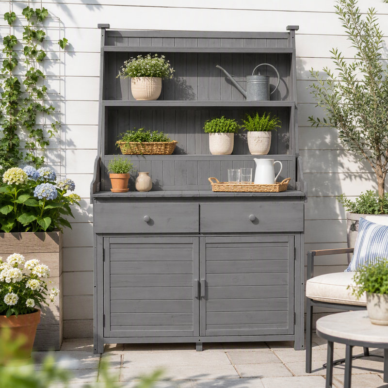 Banc de jardinage en bois de sapin 65 "avec tablettes, tiroir et armoire, Gris