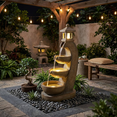 Fontaine d'extérieur 35 "à 4 niveaux avec 4 lumières DEL intégrées, cascade de jardin en résine résistante aux intempéries