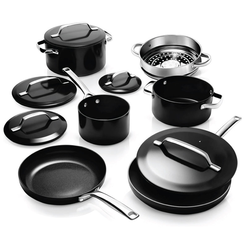 Modern Black 11-Piece Aluminum and Stainless Steel Nonstick Cookware Set