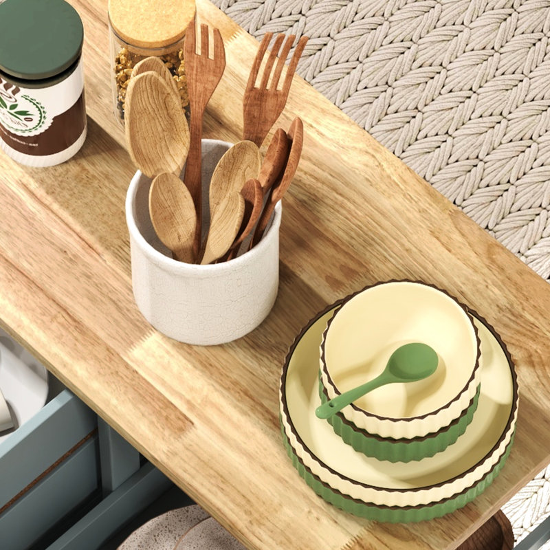 Chariot de garde-manger gris roulant avec tiroirs - plateau en bois, tablettes et plateau amovible pour l'organisation des repas