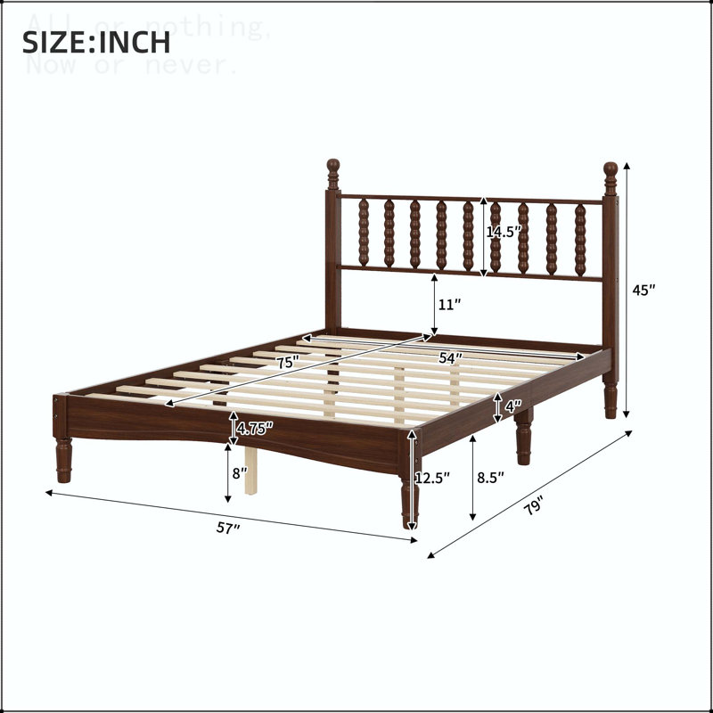 Lit plateforme double pleine grandeur avec tête de lit en forme de gourde et lattes en bois, Full, Noyer