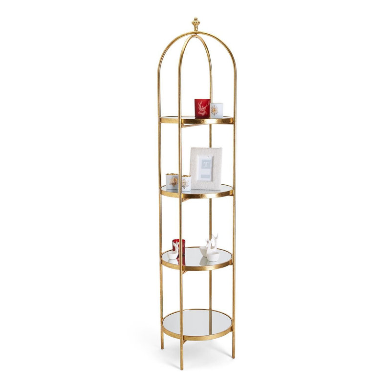 Étagère dorée à 4 niveaux avec tablettes en verre et miroir