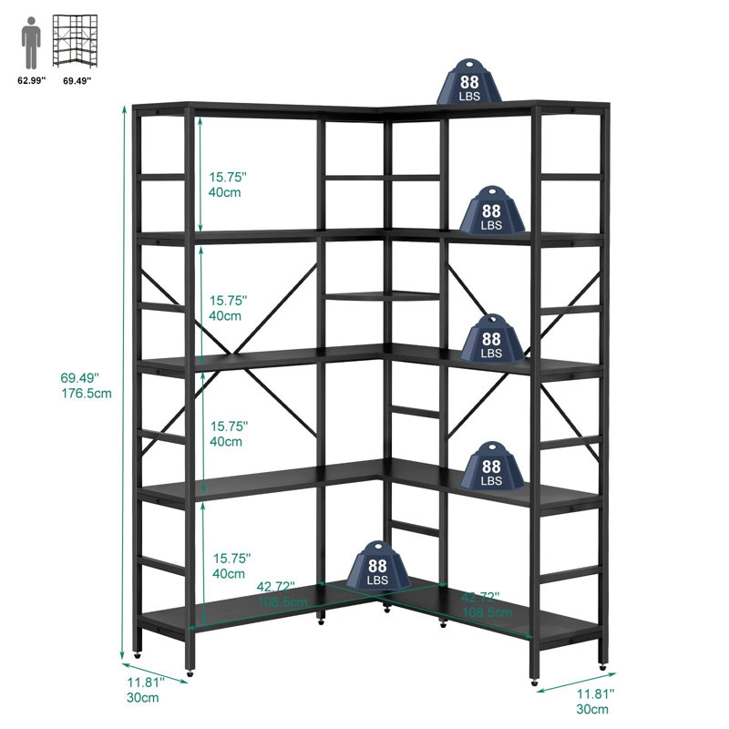 Bibliothèque d'angle à 5 niveaux, étagères industrielles, bibliothèque en forme de L avec rangement et structure en métal robuste pour le bureau de la chambre à coucher