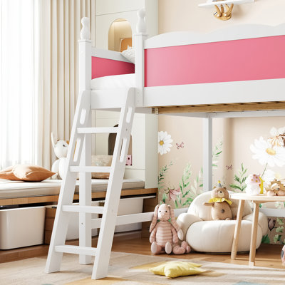 Full Size Loft Bed with Full-Length Guardrails, Solid Wood Loft Bed with Ladders and Ample Under-Bed Space, Pink and White