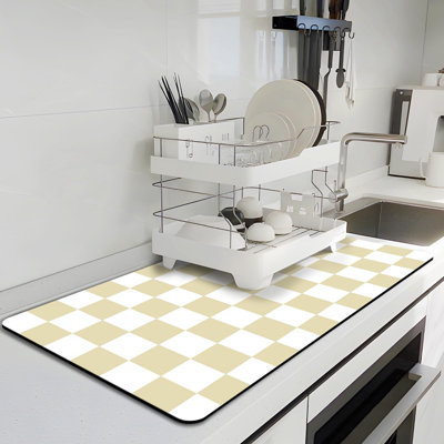 Checkered Dish Drying Mat For Kitchen, 15.7'' X 23.6'' Coffee Bar Mat For Countertops, Coffee Station Mats With Non-Slip Rubber Backed, Beige & White