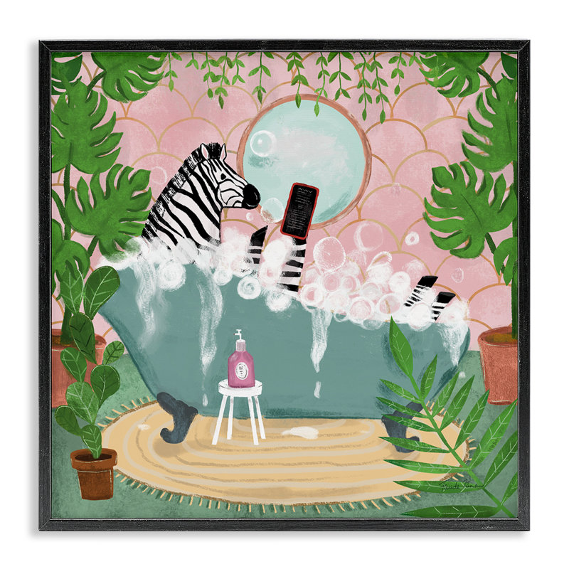 «Zebra Fun Bath Time», estampe numérique par Farida Zaman, Giclée encadrée noir minuit, H 12 po x l 12 po