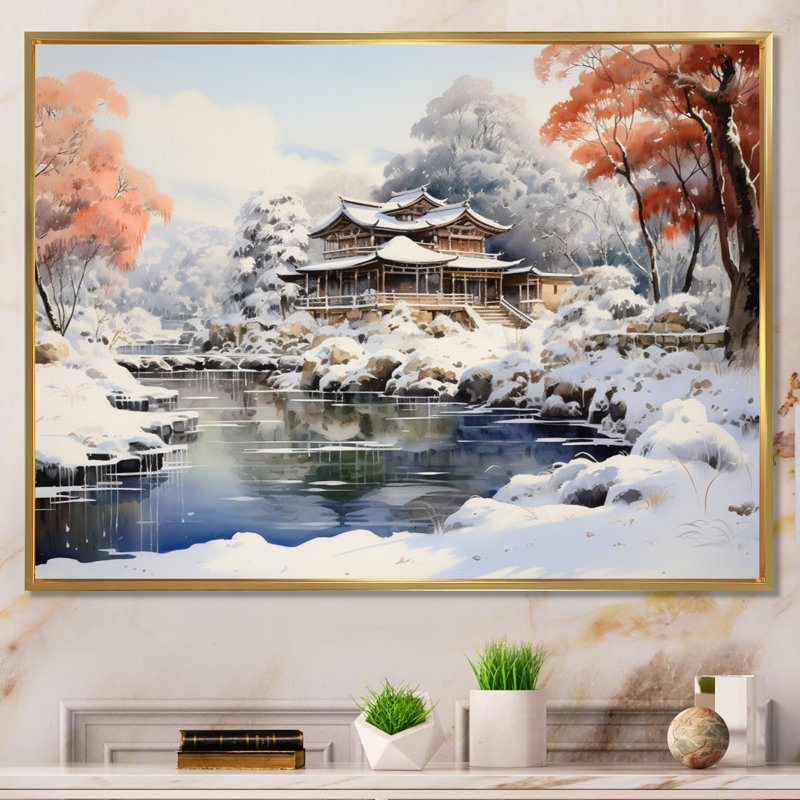 Japon Art Snowy Hot Bath II - Japan Art Canvas Prints, Cadre flottant doré, H 16 po x l 32 po x P 1 po