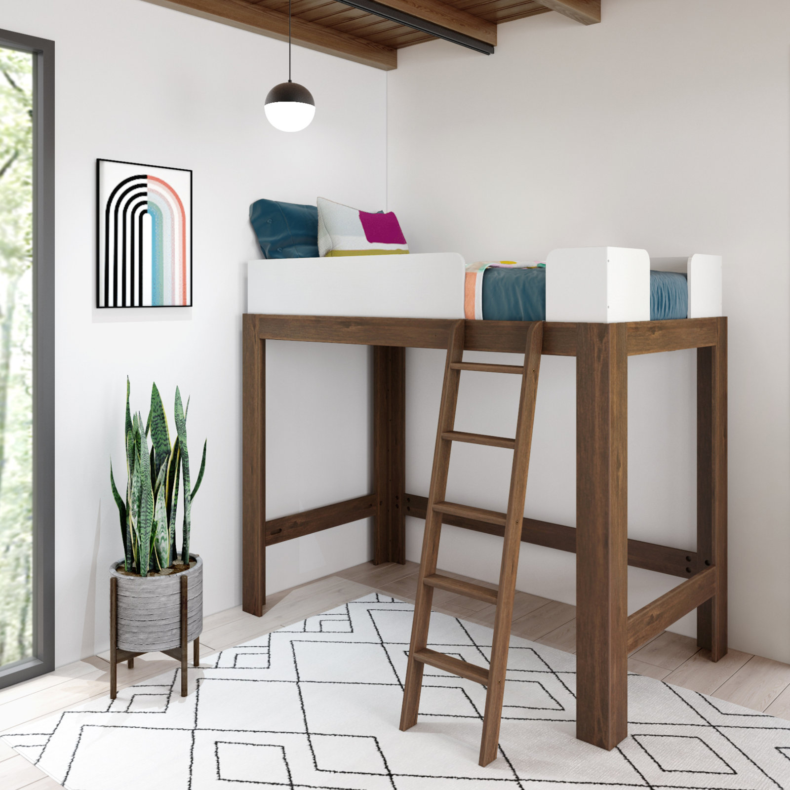 Ambur Twin Solid Wood Loft Bed, Walnut/White