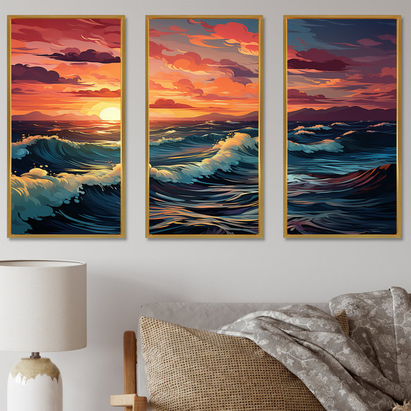 Rainbow Beach Sunset II - Ensemble de décoration murale océan, Cadre flottant doré, H 40 po x l 60 po x P 1 po