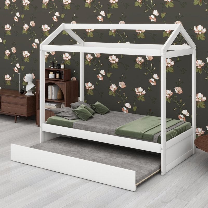 Structure de lit en forme de maison avec lit gigogne escamotable