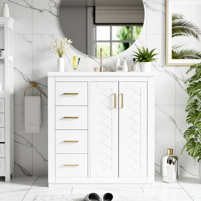 Meuble-lavabo autoportant de 30 po avec lavabo en céramique, meuble-lavabo à cadre en bois massif avec 3 tiroirs, portes à fermeture douce et grand espace de rangement
