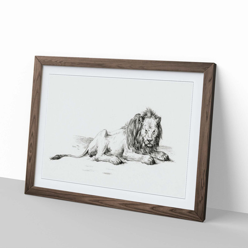 Sketch of a Lion by Jean Bernard - Picture Frame Drawing Print, Walnut Framed, 27cm H x 36cm W x 2cm D