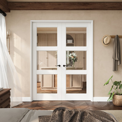 64" X 80" 3-Lite Clear Glass French Door With Black Latches, Clear Glass Door Slab With Frame, French Interior Door As Pantry Door, Bedroom Door, Laundry Door, Closet Doors, Room Doors, Latch & Door Lever Included