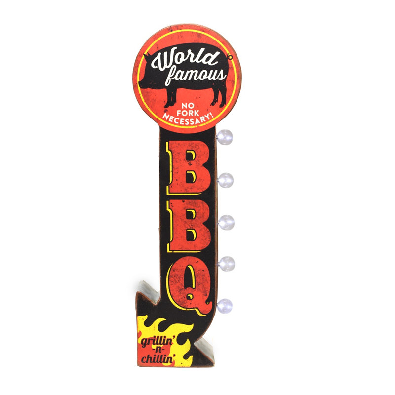 Light Up World Famous BBQ Tin Metal 3D Wall Sign LED Outdoor Patio Home Decor