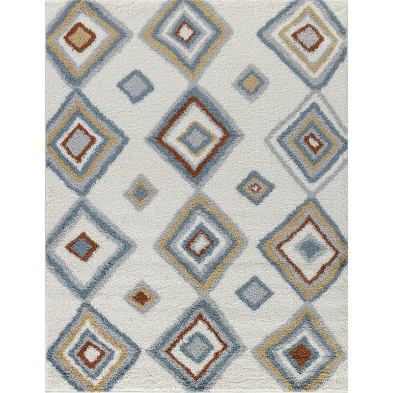 Ivory Geometric Shag Rug with Stain-Resistant Synthetic Fibers, 5' x 7'