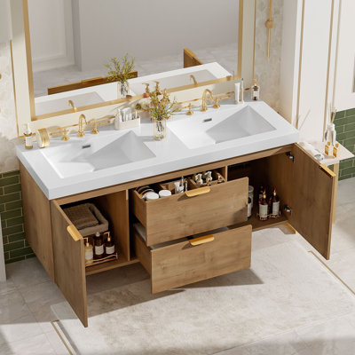 Meuble-lavabo double avec comptoir en SMC, armoire en panneau de fibres à densité moyenne, portes à fermeture en douceur, tiroirs divisés, meuble-lavabo mural moderne pour les grandes salles de bain