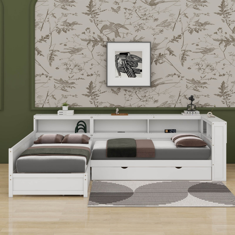 Lit plateforme simple en L en bois avec lit gigogne et tiroir, Blanc