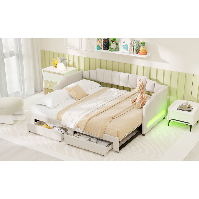 Twin Xl Extendable Daybed, Beige Linen Upholstery, Led , Storage Drawers, Strong Pine Wood Frame To King Upholstered Trundle For Extra Space