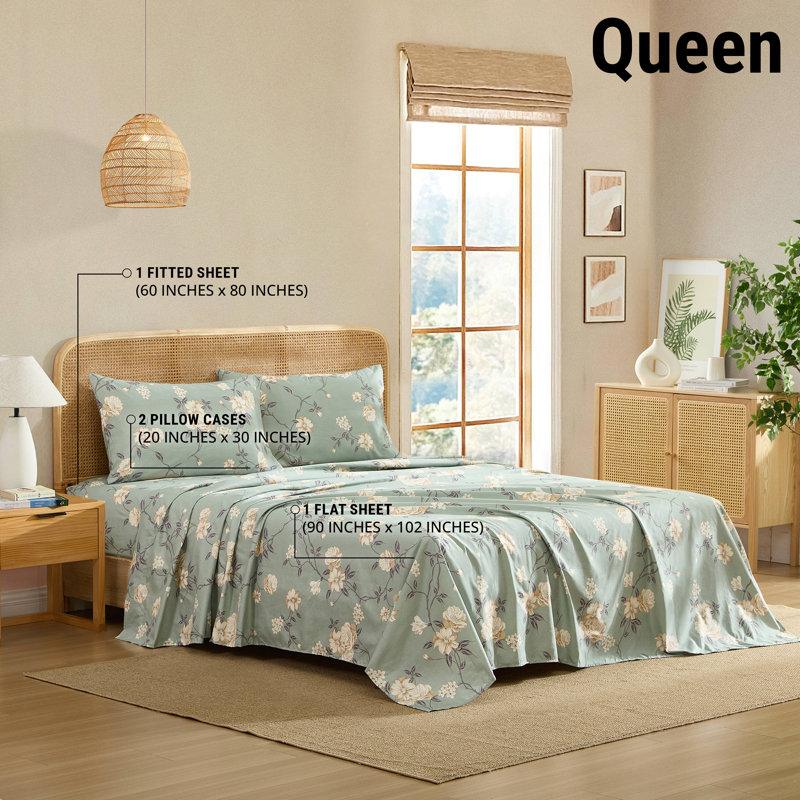 HLC.ME Vintage Green Floral Bed Sheets - Wrinkle Resistant & Ultra Soft - Fits Mattresses up to 15 Inches Deep