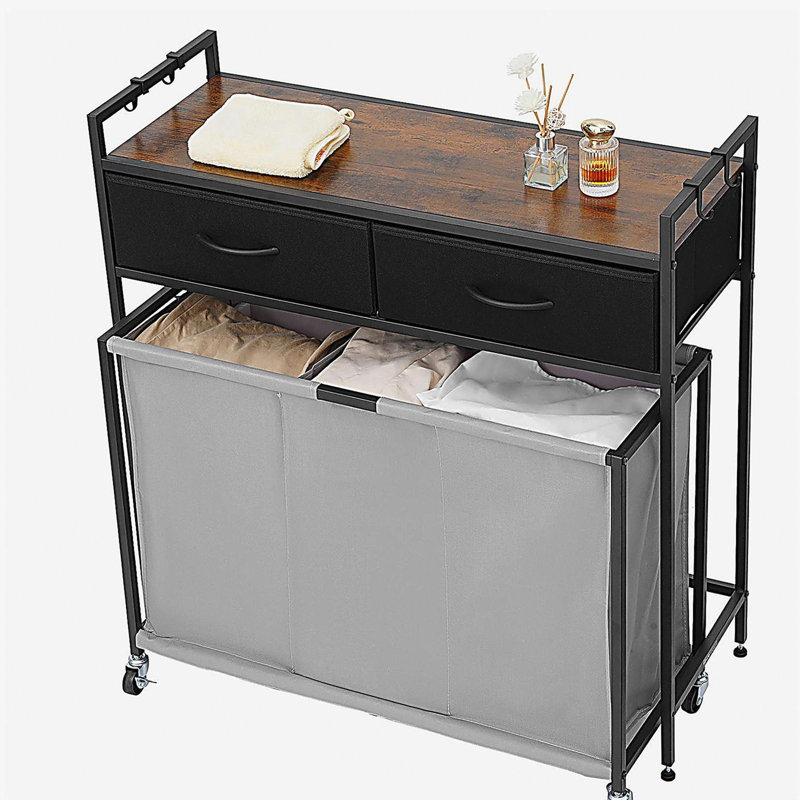 3 Section Laundry Sorter, Rolling Laundry Hamper with 2 Drawers, Hooks & Wheels, Rolling Basket Organizer Storage with Pull-Out Rolling Bags and Wooden Tabletop for Dirty Clothes, Bathroom