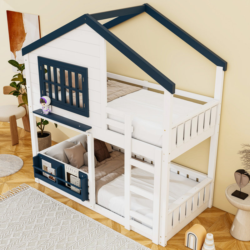 Lit superposé Wood House avec échelle et rails de sécurité, Simple sur simple, Blanc / bleu