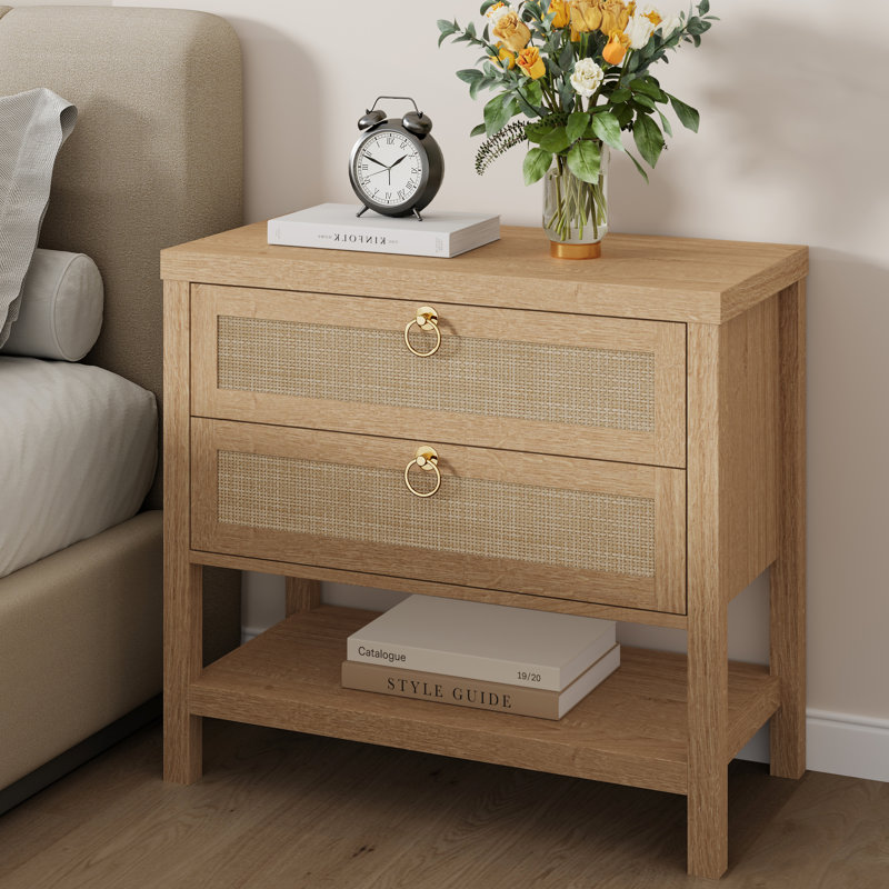 Boho Large Rattan Nightstands With 2 Drawers & 1 Shelf , Natural Oak, Individual