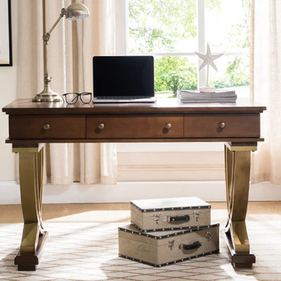 47.24" American Light Luxury MDF Desk – Curved X-Cross Rubber Wood Legs with Vintage Brass Handles & Gold Metal Accents, Home Study Office Writing Desk, Classic Office Desk