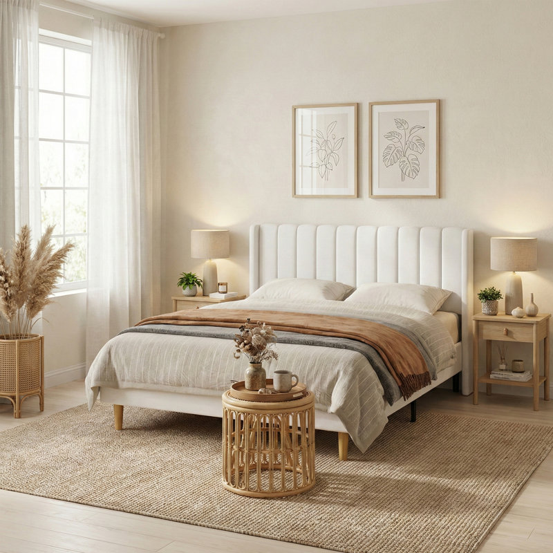 Queen Upholstered Wingback Platform Bed Frame with Vertical Channel Tufted Headboard, No Box Spring Needed, Cream, Queen