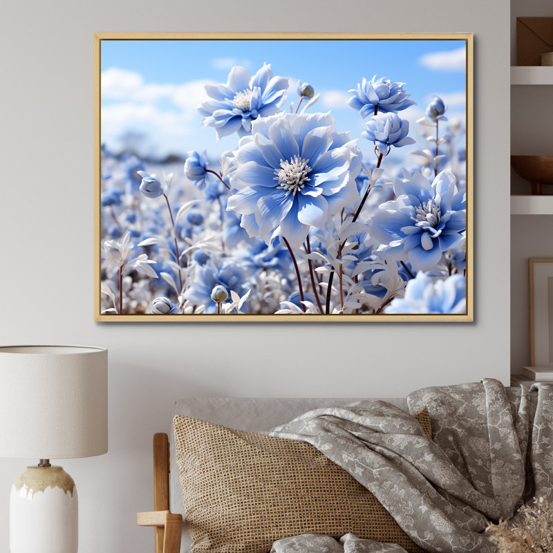 " Inviting Azure Flowers Field " Print, Black Picture Framed, 16" H x 32" W