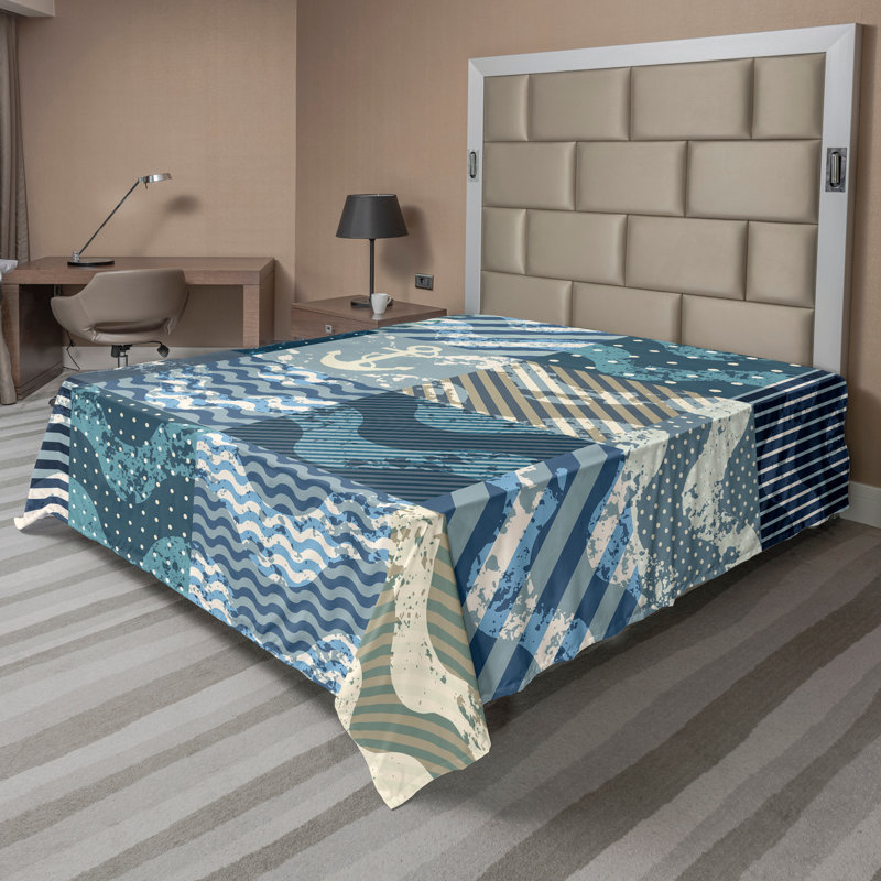 Ambesonne Top Flat Sheet Curving Art, Blue Beige Stripes, California King Flat Sheet