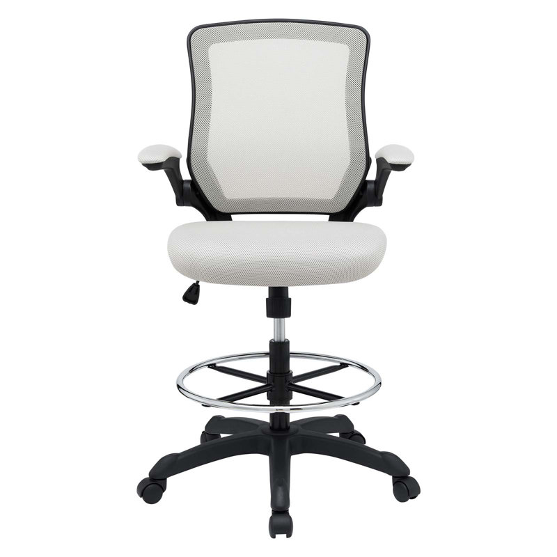 Gray Mesh Adjustable Swivel Drafting Stool with Flip-Up Arms