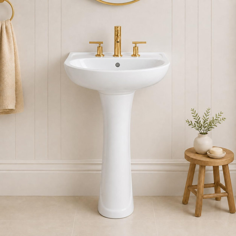 White Ceramic Pedestal Bathroom basin - Freestanding Column Lavatory Basin, Gloss Finish, 4 in. 3-Hole Faucet Drilling for Powder Room - 4 inches 3 holes