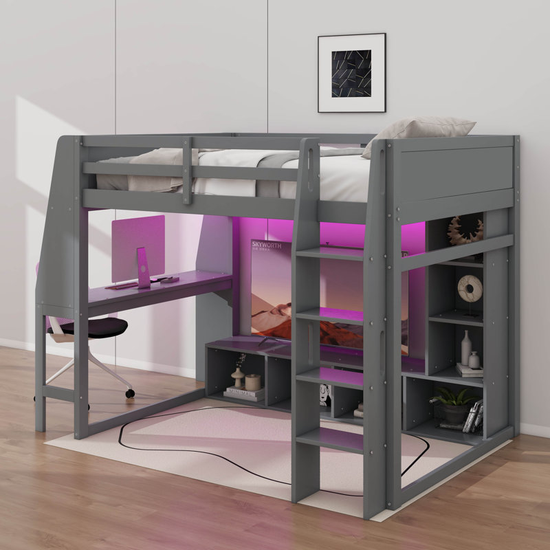 Lit mezzanine pleine grandeur avec bureau, DEL et support à vêtements, Gris