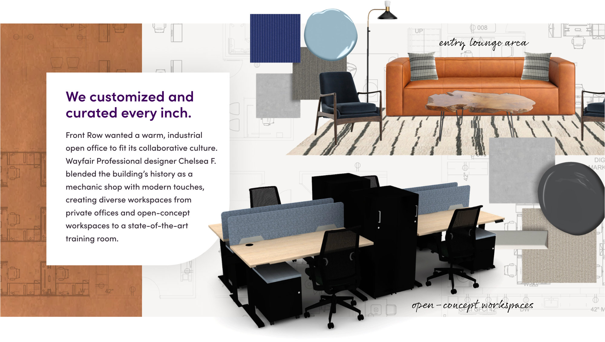 Front Row wanted a warm, industrial open office to fit its collaborative culture. Wayfair Professional designer Chelsea F. blended the building’s history as a mechanic shop with modern touches, creating diverse workspaces from private offices and open-concept workspaces to a  state-of-the-art training room.