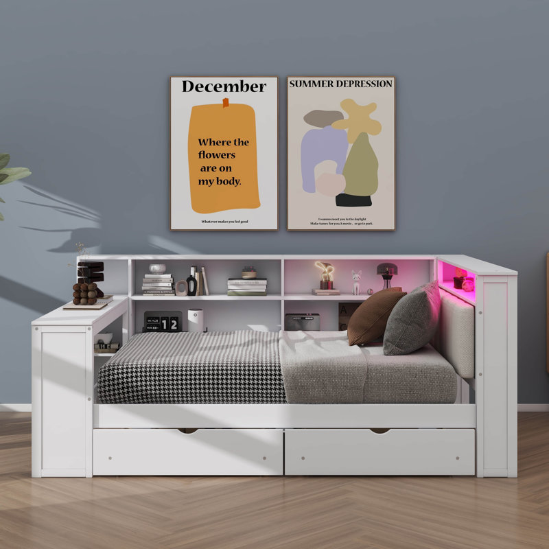 Wood Full-Size Platform Bed With Storage, Charging Station, LED, Desk, And Upholstered Headboard, White/Beige