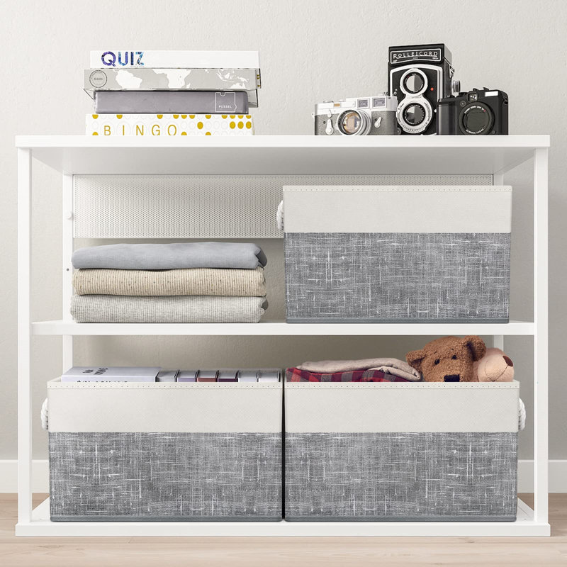 Bacs de rangement ouverts, paniers de rangement pliables, grande boîte de rangement avec poignées en corde, Gris clair