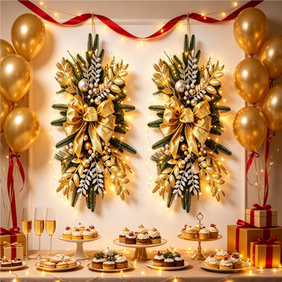 2Pcs Christmas Teardrop Swag Wreath with Warm Fairy Lights, 23.5 Inch Artificial Pine Door Hanging Decor, Battery Operated, Vertical & Horizontal Hanging for Christmas New Year Wall Front Door Decor