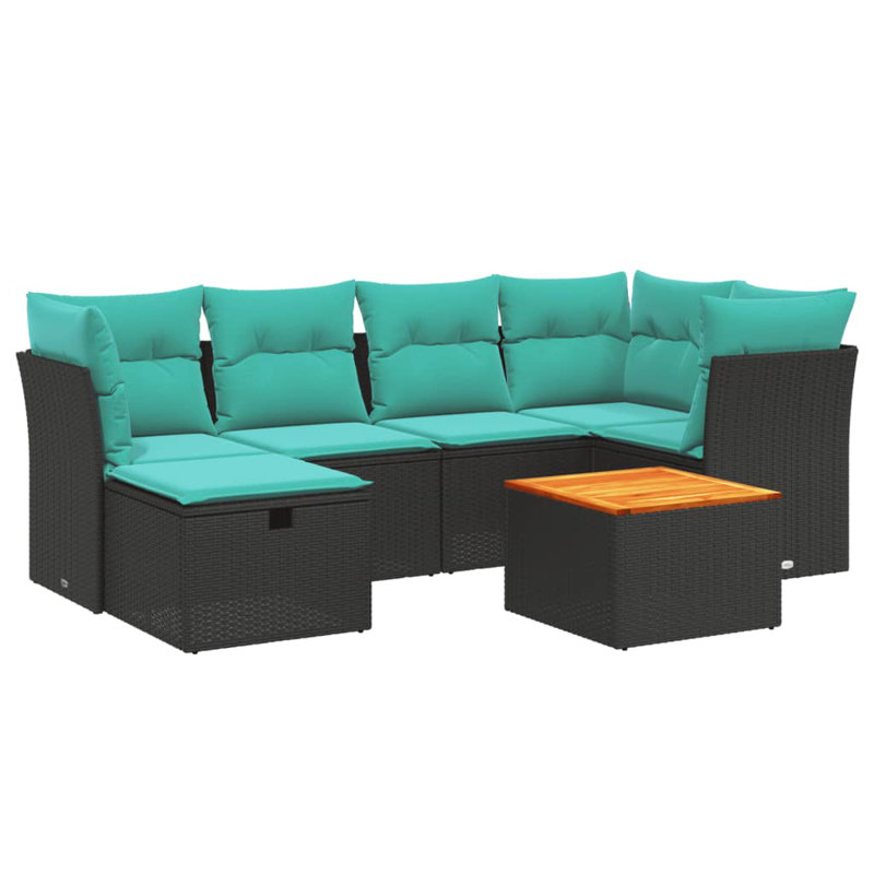 Ensemble de canapé de patio 7 pièces avec coussins en rotin de polyester, Bleu clair, Noir