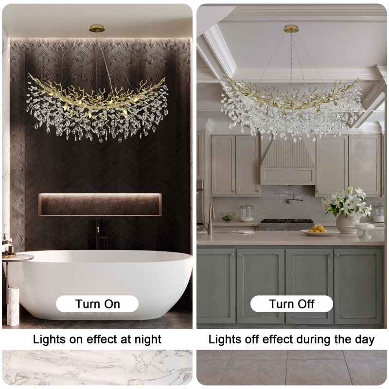 Tree Branch Crystal Chandelier Lighting, 14, 15.7" H x 47.2" W x 15.7" D, Gold/White