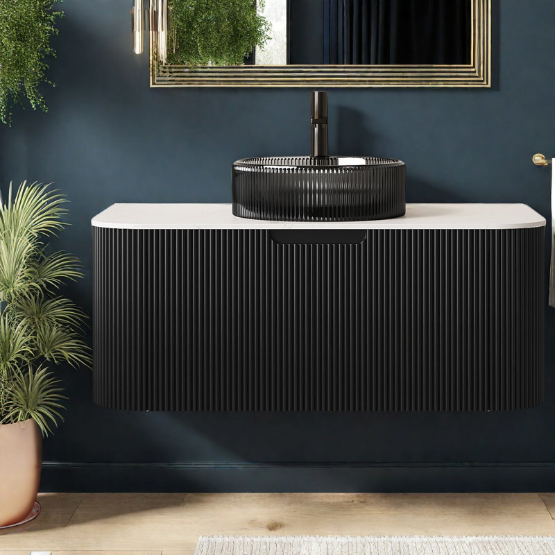 Meuble-lavabo flottant moderne avec finition en marbre et lavabo en verre