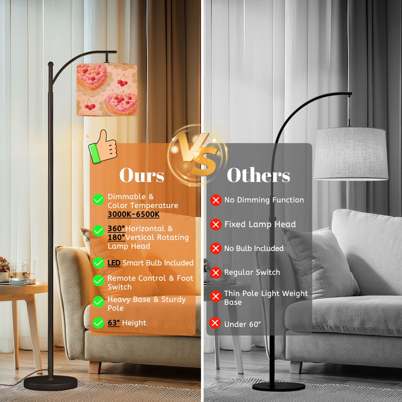 Lampe sur pied à arc avec abat-jour réglable, cœur rose, gâteau, cerises, étoile, dessert, lampe sur pied, 3 températures de couleur, intensité variable, grand lampadaire avec interrupteur au pied pour la chambre à coucher