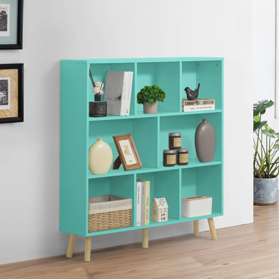 40-Inch Wide 8 Cube 3 Tier Wooden Bookshelf for Living Room, Bedroom, Office, Tiffany Green