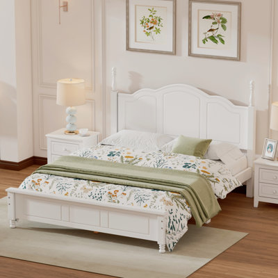 Queen Size Wood Platform Bed Frame,Retro Style Platform Bed With Wooden Slat Support,White
