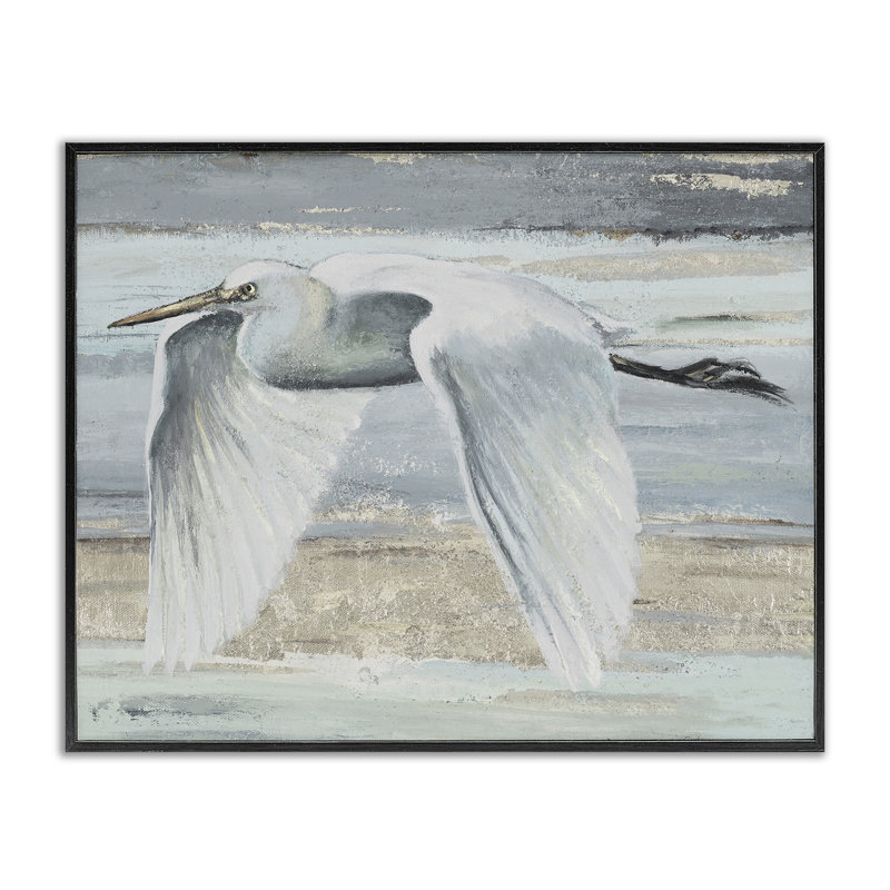 «Egret Soaring over Beach», estampe numérique, design par Patricia Pinto, H 11 po x l 14 po, Giclée encadrée noir minuit