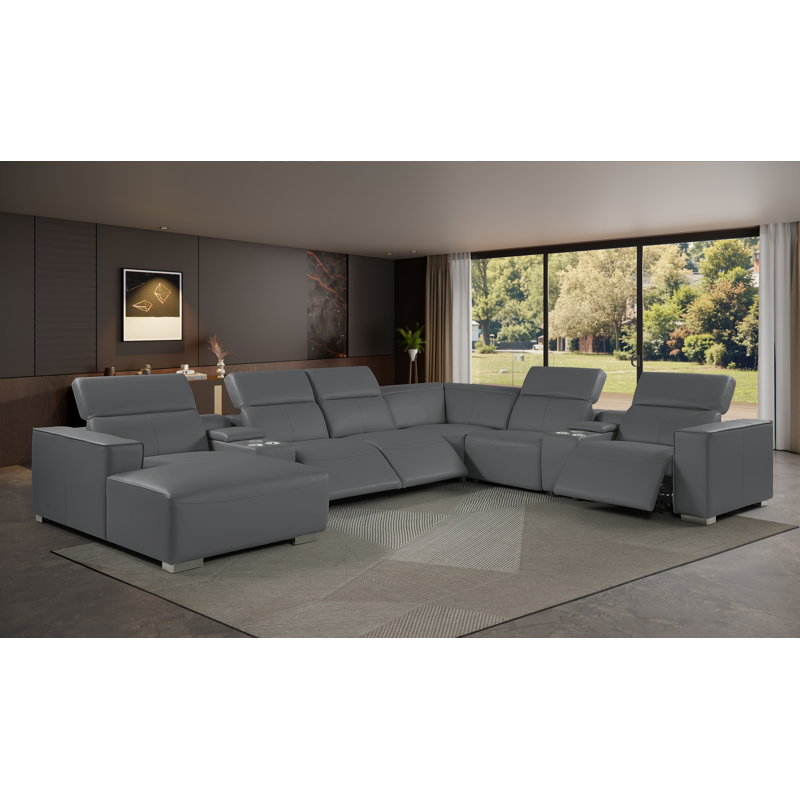 Canapé modulaire en cuir véritable gris foncé de 8 pièces avec 3 fauteuils inclinables électriques et appuis-tête réglables faisant face à gauche