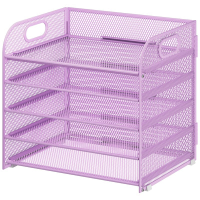 5 Tier Paper Organizer with Handle, Purple Metal Mesh Desk Organizer File Folder Paper Letter Tray Desktop Document Sorter